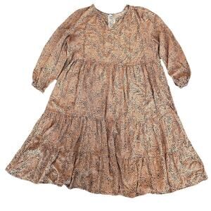Old Navy Tiered Midi Dress Womens Size XXL Black Brown Long Sleeve Animal Print‎